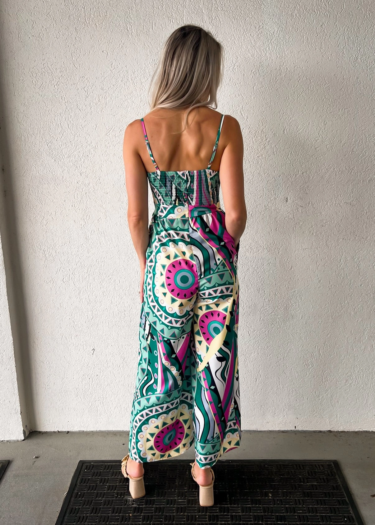 MAYVE PRINT SMOCKED JUMPSUIT FlatlockStitching BrushedInnerLining
