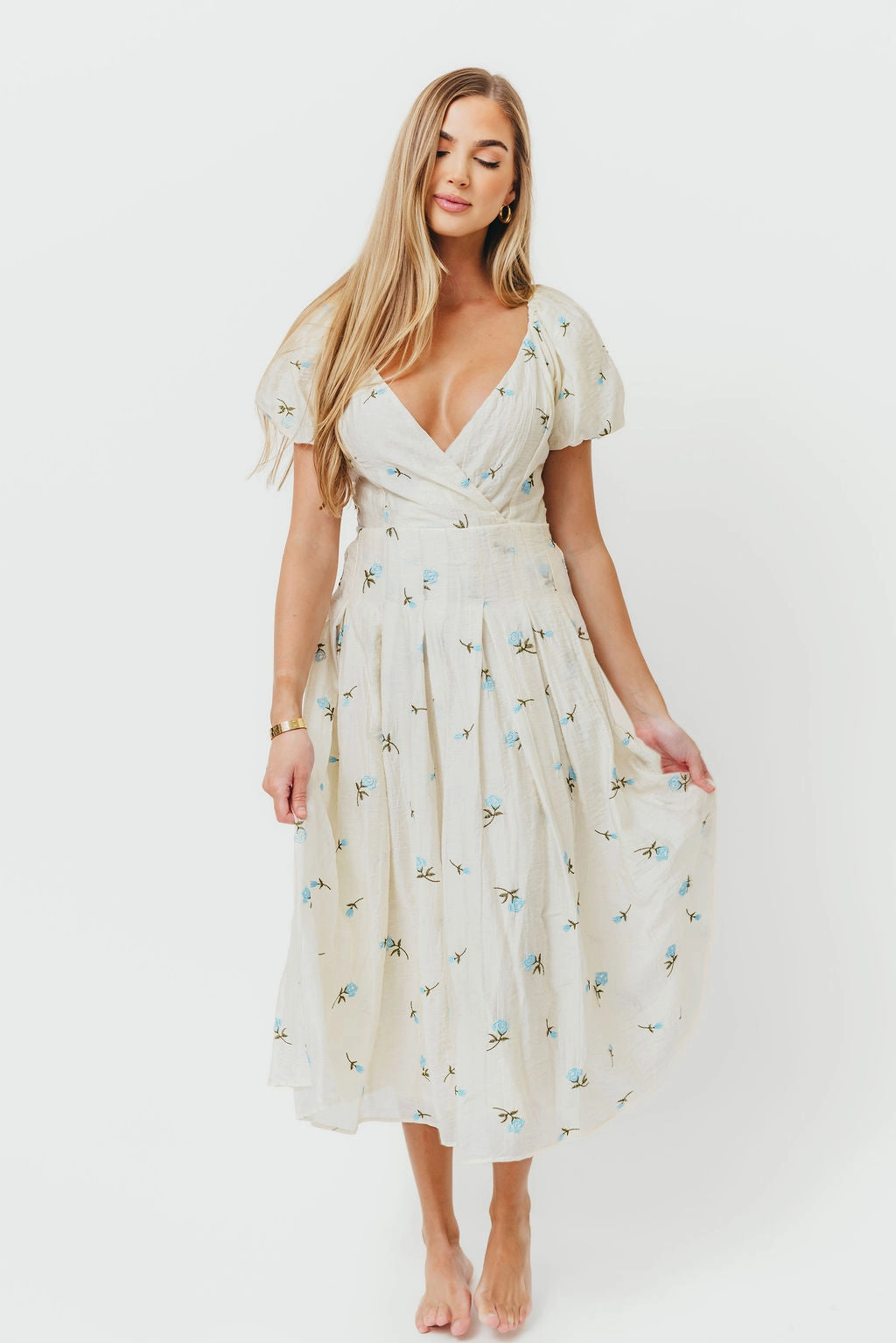 Vibrant Form Meadow Floral Midi Dress in Ivory/Blue *Final-Sale*