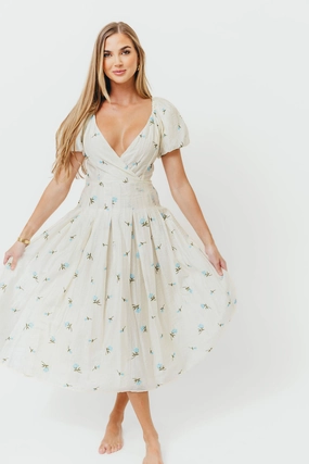 Texture Edge Meadow Floral Midi Dress in Ivory/Blue *Final-Sale*