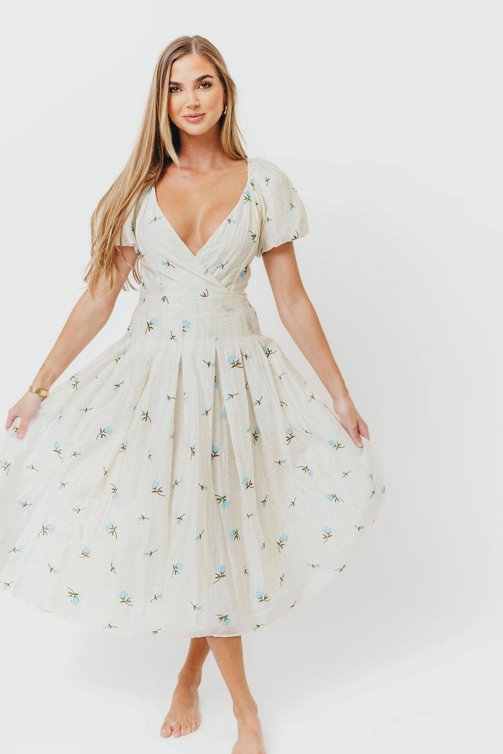 Texture Edge Meadow Floral Midi Dress in Ivory/Blue *Final-Sale*