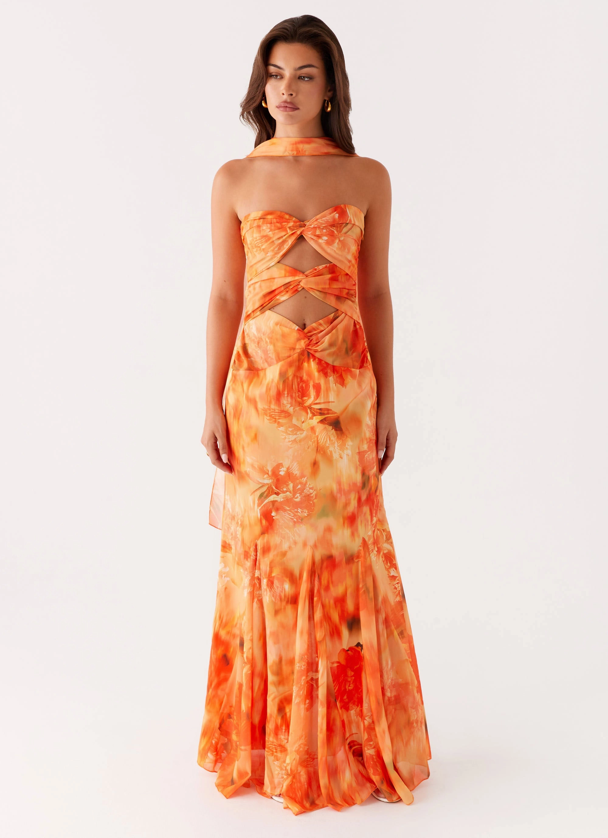 Summer Air Office Mood Melrose Satin Chiffon Maxi Dress - Sunset Floral