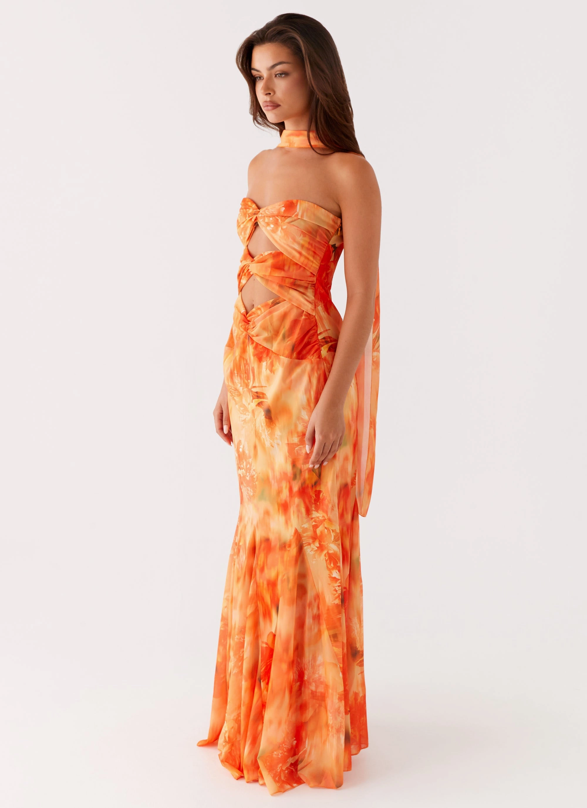 Melrose Satin Chiffon Maxi Dress - Sunset Floral Sunset Hour
