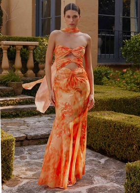 Work Fitwear Pleated-Texture Melrose Satin Chiffon Maxi Dress - Sunset Floral