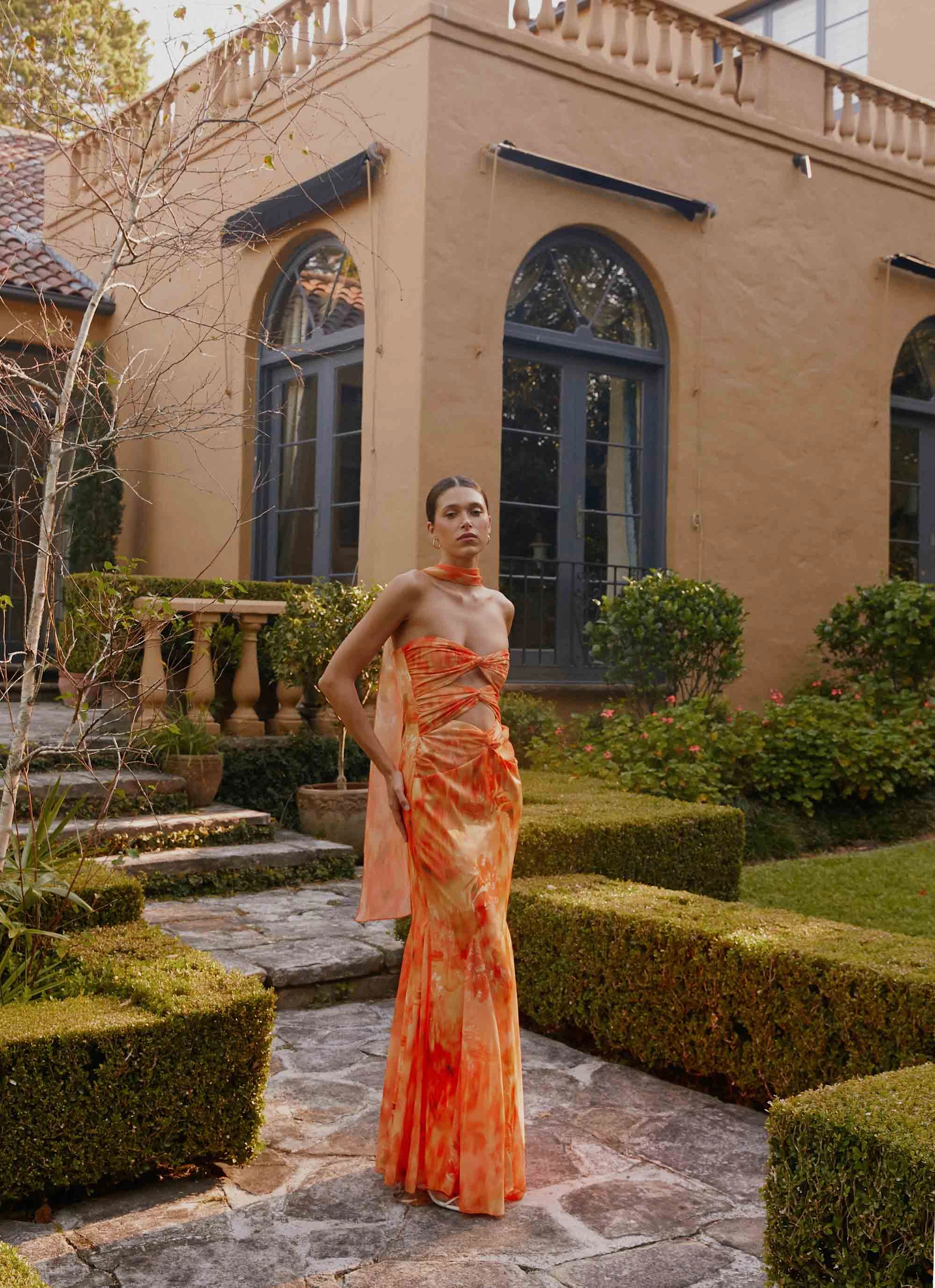 Melrose Satin Chiffon Maxi Dress - Sunset Floral Walkable Flow Trendy Vibe