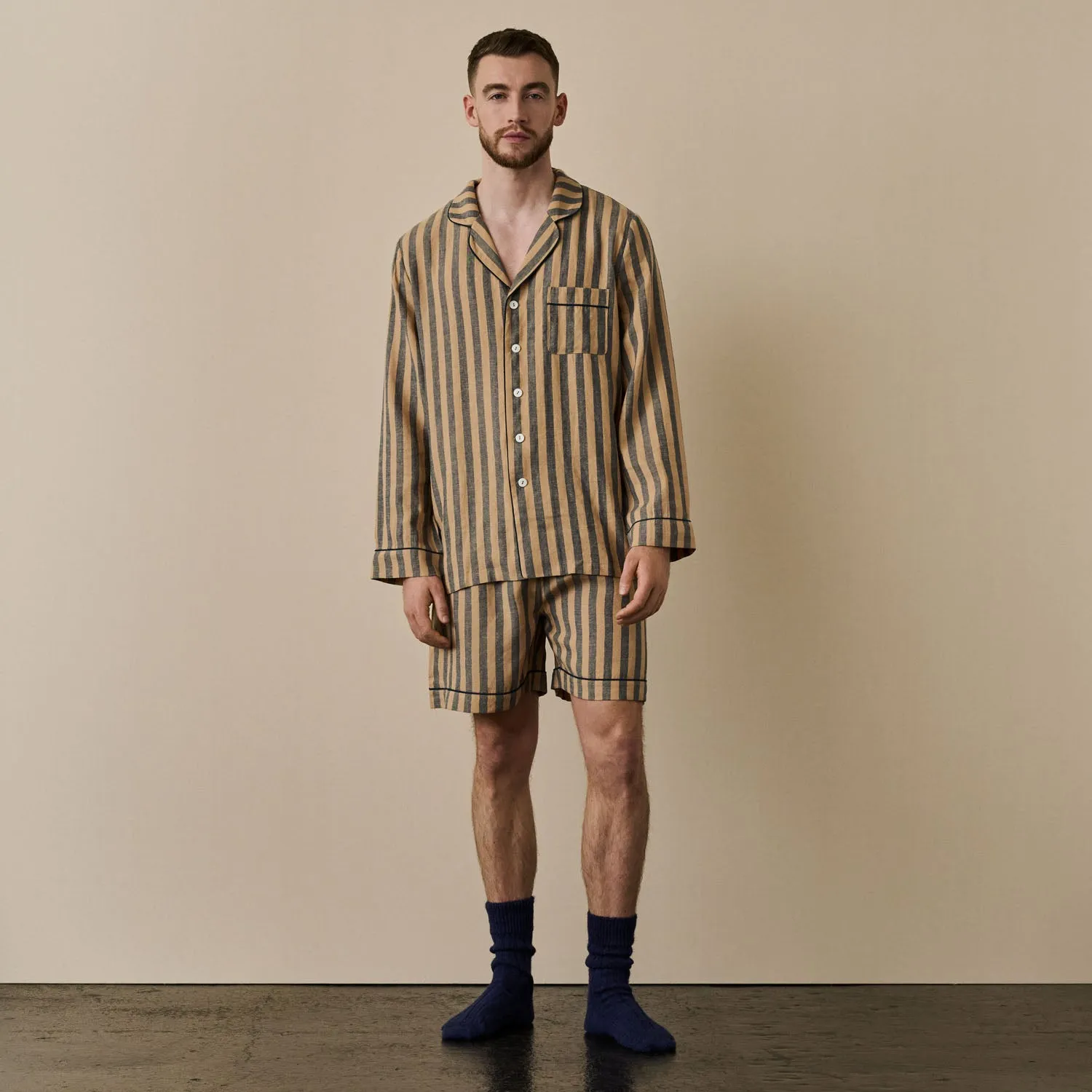 Men's Blue & Porcini Striped Linen Pajama Short Set