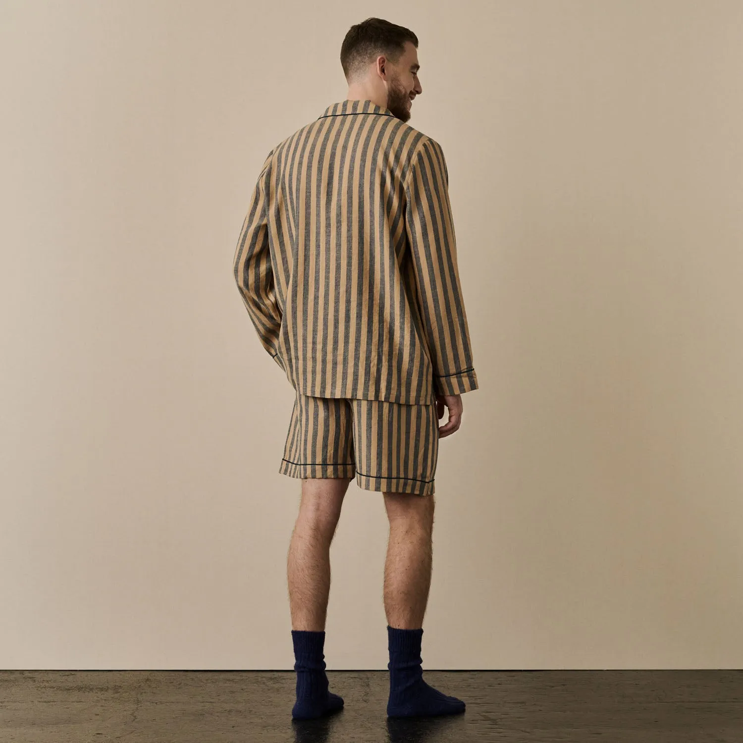 Men's Blue & Porcini Striped Linen Pajama Short Set