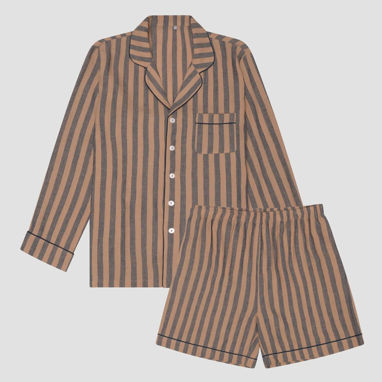 Men's Blue & Porcini Striped Linen Pajama Short Set
