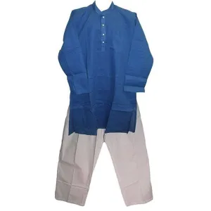 Men's Bohemian Indian Gauze Cotton Blue Tunic Kurta Shirt Pants Set (Two Piece)