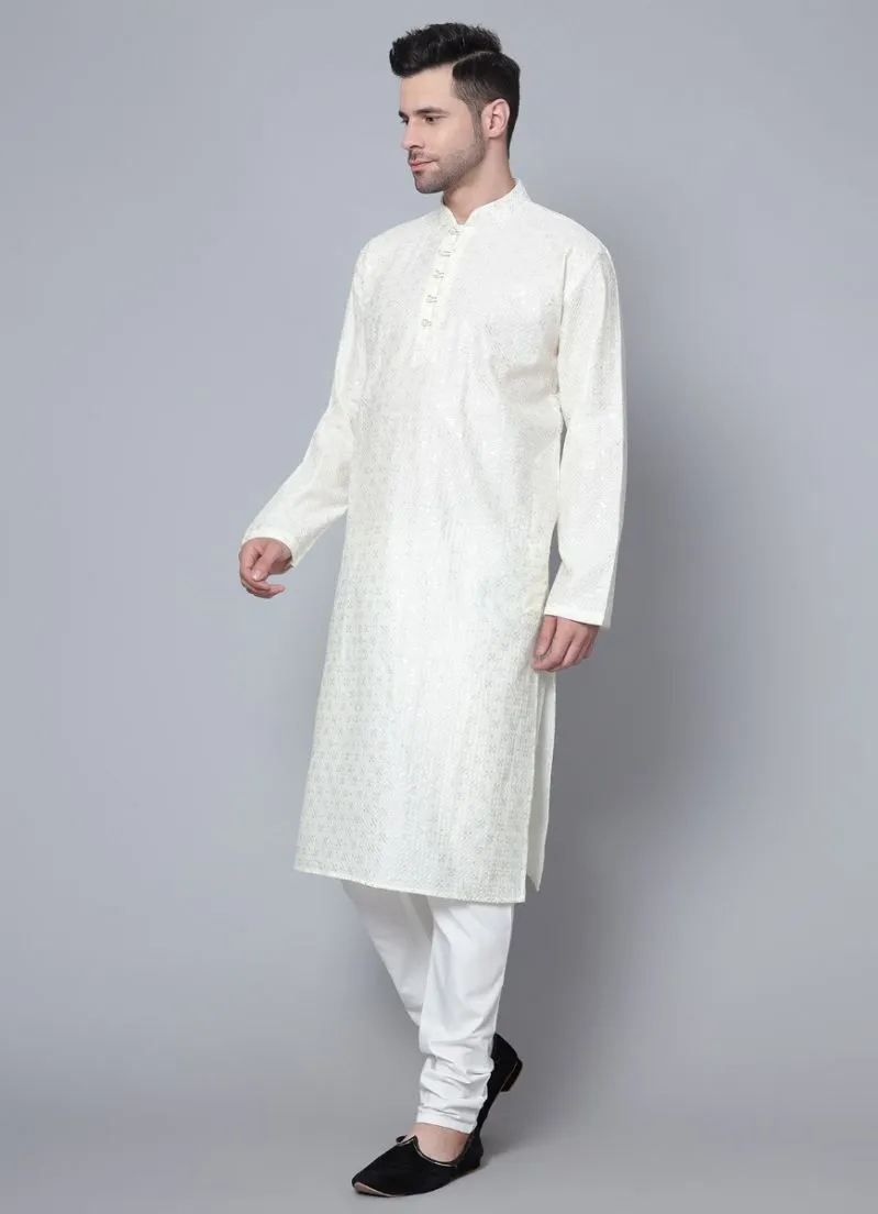 Men's Cream Chikankari Kurta Pajama Set