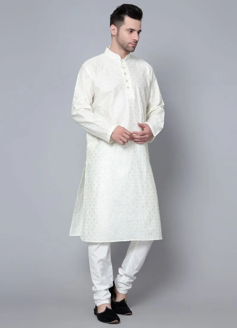 Men's Cream Chikankari Kurta Pajama Set