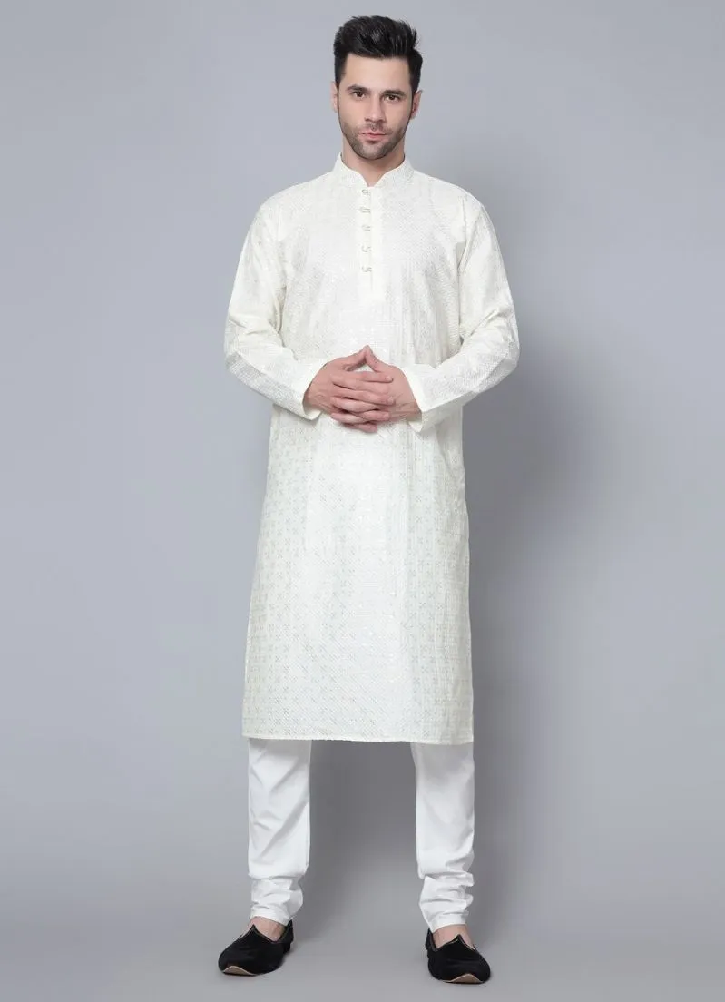 Men's Cream Chikankari Kurta Pajama Set