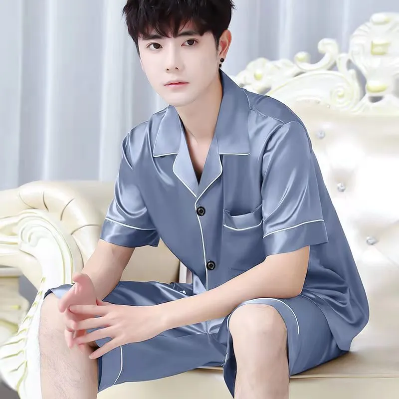 Men's Imitation Silk Short-sleeved Cardigan Shorts Suit - Men's Pajama Set
