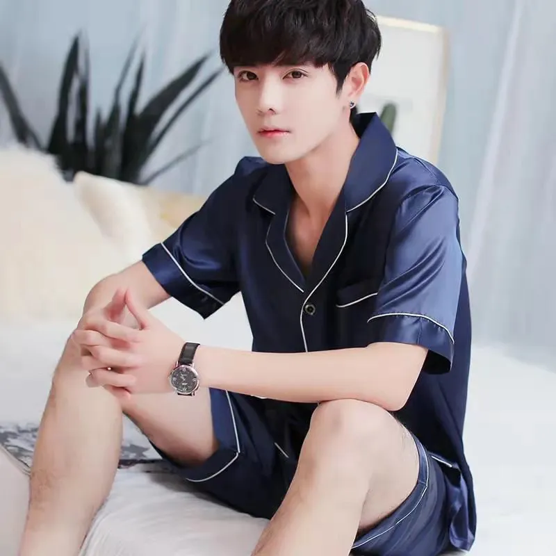 Men's Imitation Silk Short-sleeved Cardigan Shorts Suit - Men's Pajama Set