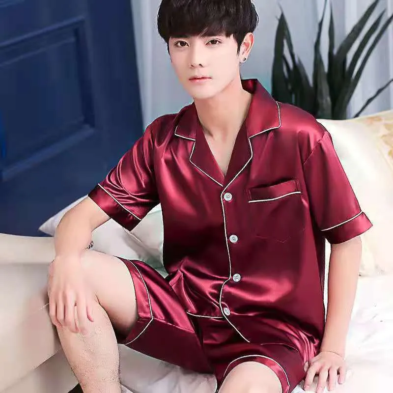 Men's Imitation Silk Short-sleeved Cardigan Shorts Suit - Men's Pajama Set