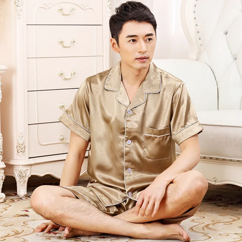 Men's Imitation Silk Short-sleeved Cardigan Shorts Suit - Men's Pajama Set