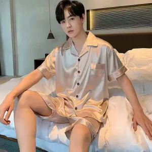 Men's Imitation Silk Short-sleeved Cardigan Shorts Suit - Men's Pajama Set