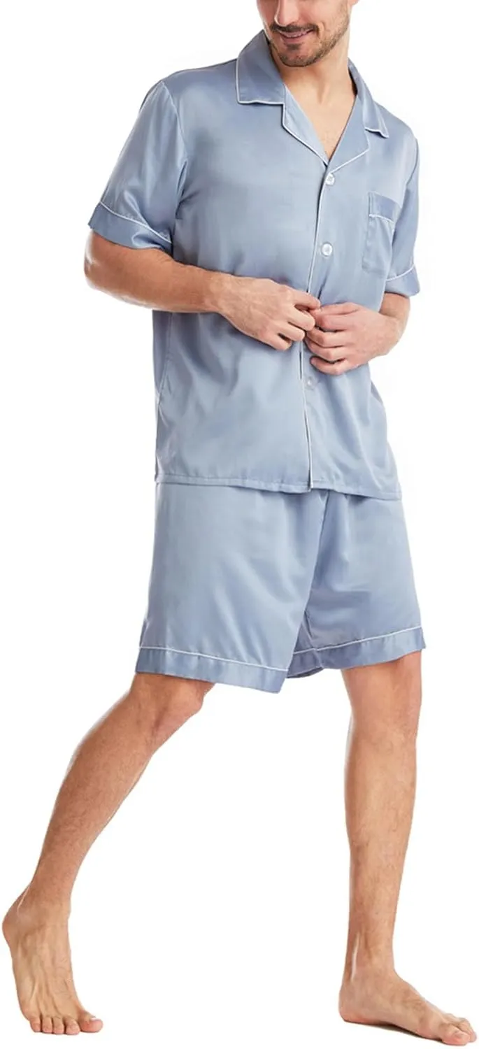 Mens Pajamas Set Silk Turn-Down Collar Long Sleeve Button Down Shirts and Shorts Pjs Lounge Set Solid Loungewear