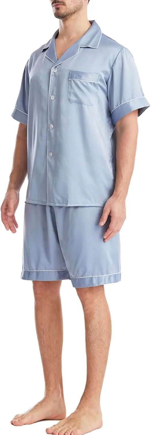 Mens Pajamas Set Silk Turn-Down Collar Long Sleeve Button Down Shirts and Shorts Pjs Lounge Set Solid Loungewear