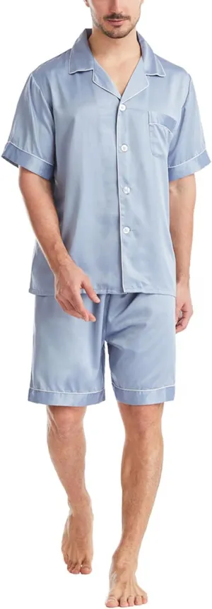 Mens Pajamas Set Silk Turn-Down Collar Long Sleeve Button Down Shirts and Shorts Pjs Lounge Set Solid Loungewear