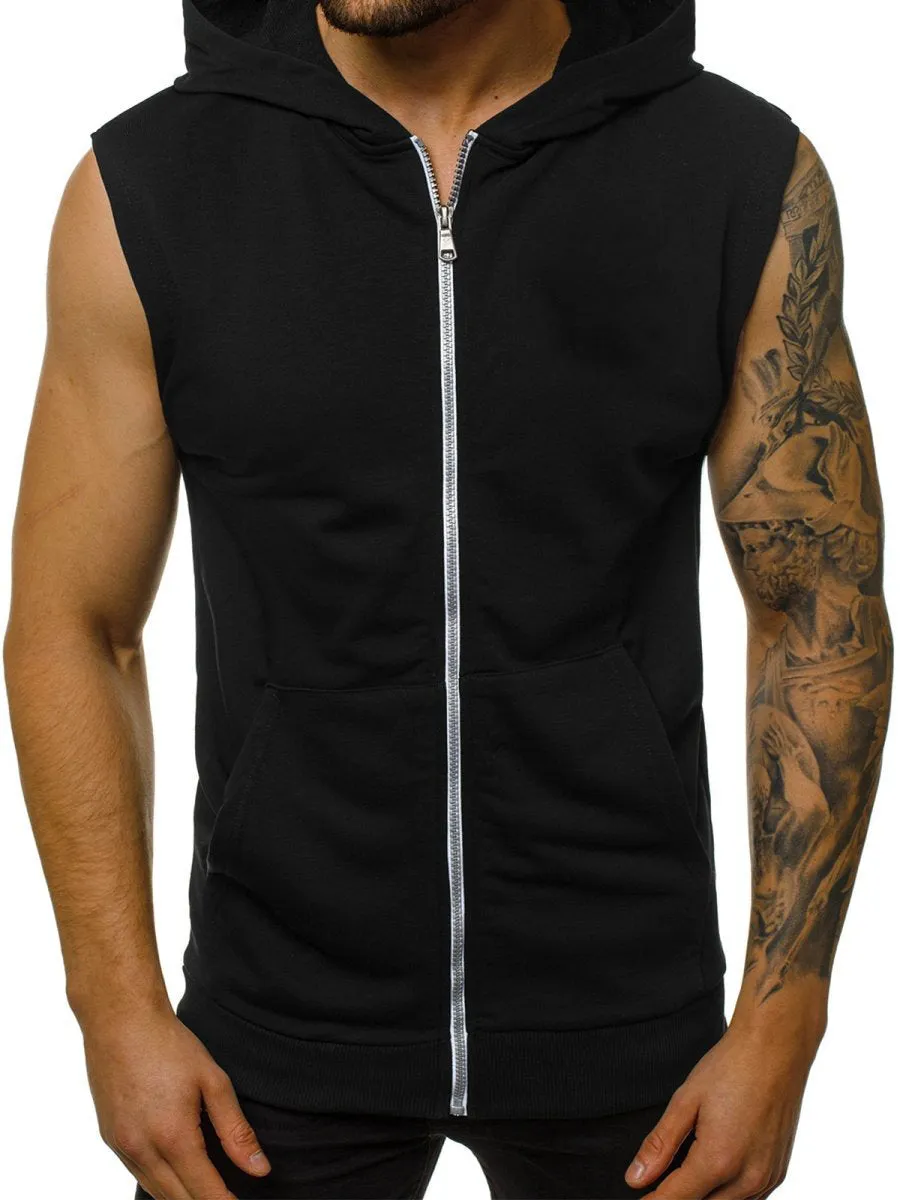 Men's Sleeveless Fitness Hooded Shirts with Zipper
