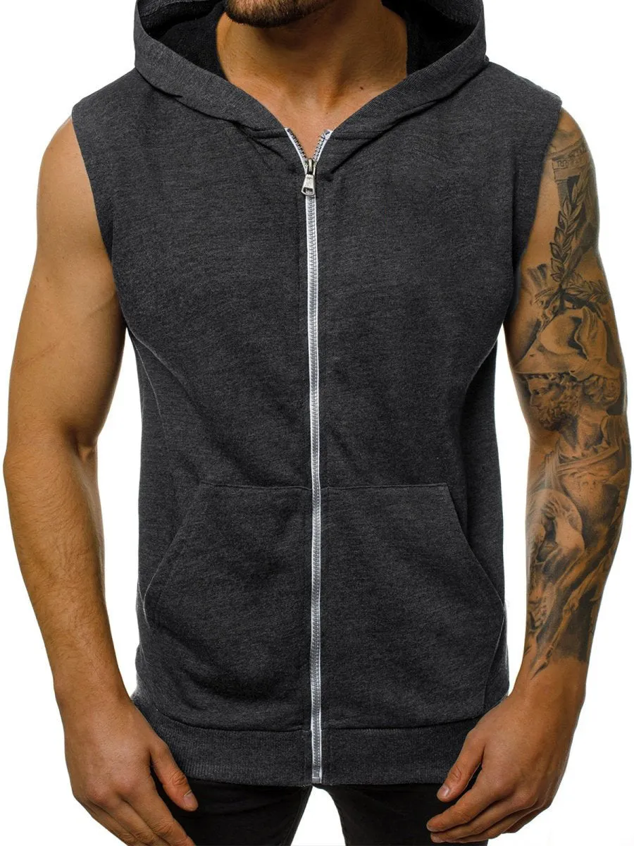 Men's Sleeveless Fitness Hooded Shirts with Zipper