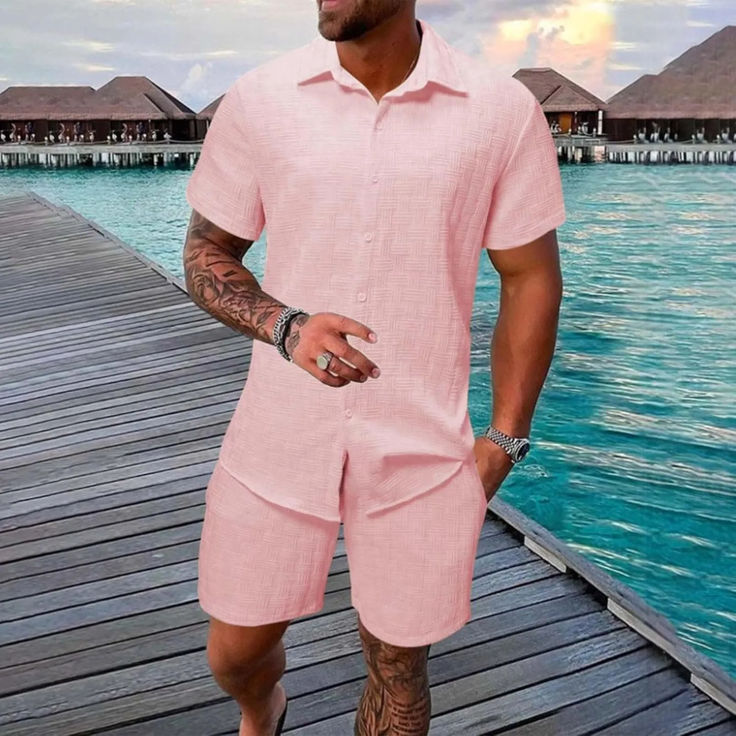 Men's Summer 2 Piece Outfit Set Short Sleeve Button Down Shirt Drawstring Shorts Lightweight Breathable Outfit Set