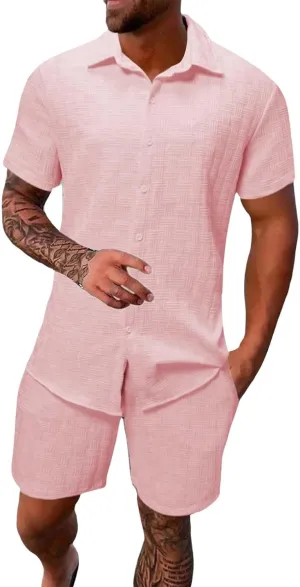 Men's Summer 2 Piece Outfit Set Short Sleeve Button Down Shirt Drawstring Shorts Lightweight Breathable Outfit Set