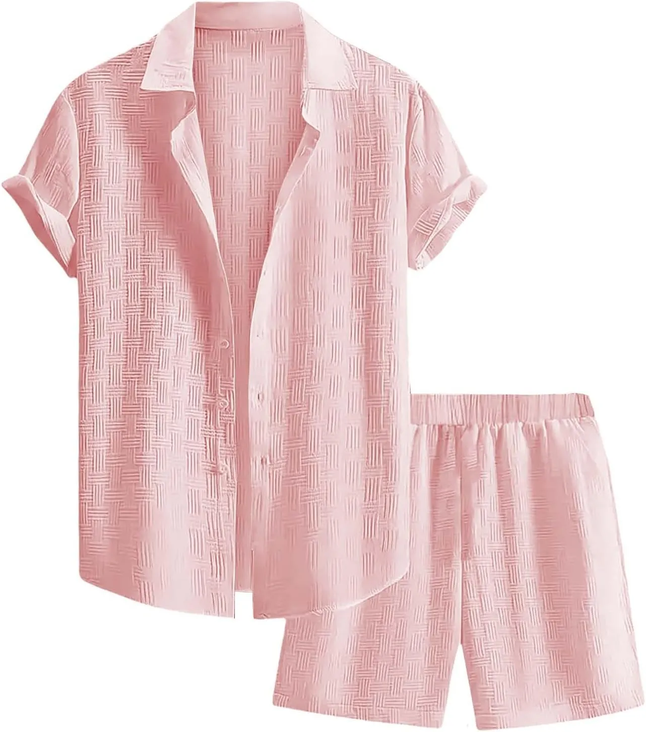 Men's Summer 2 Piece Outfit Set Short Sleeve Button Down Shirt Drawstring Shorts Lightweight Breathable Outfit Set
