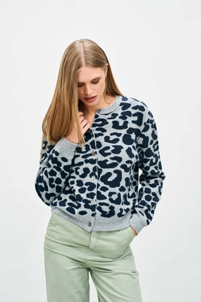V-neck Shirt Merino Leopard Crew Cardigan Mid Grey/Navy