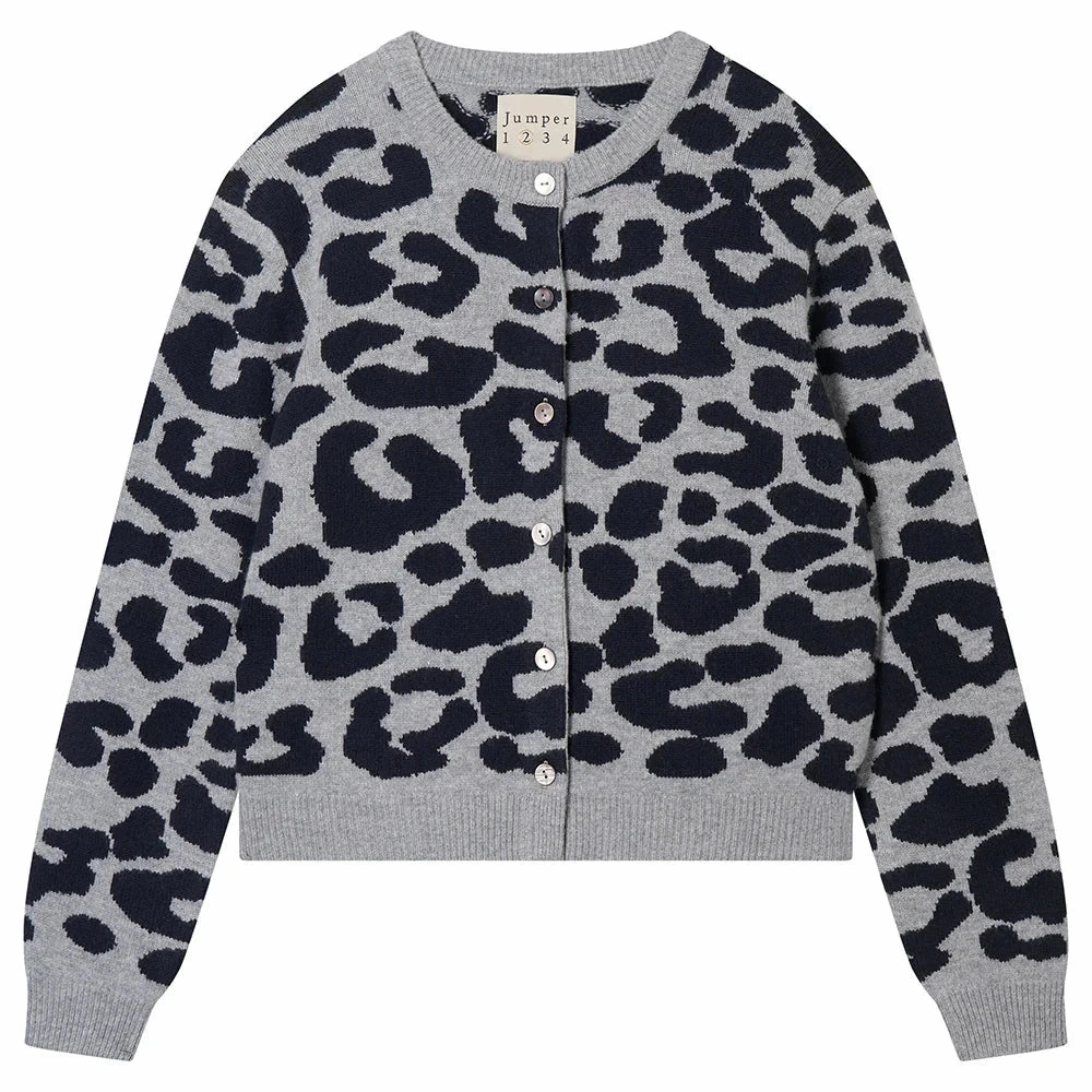 Merino Leopard Crew Cardigan Mid Grey/Navy HighStrength Threadwork