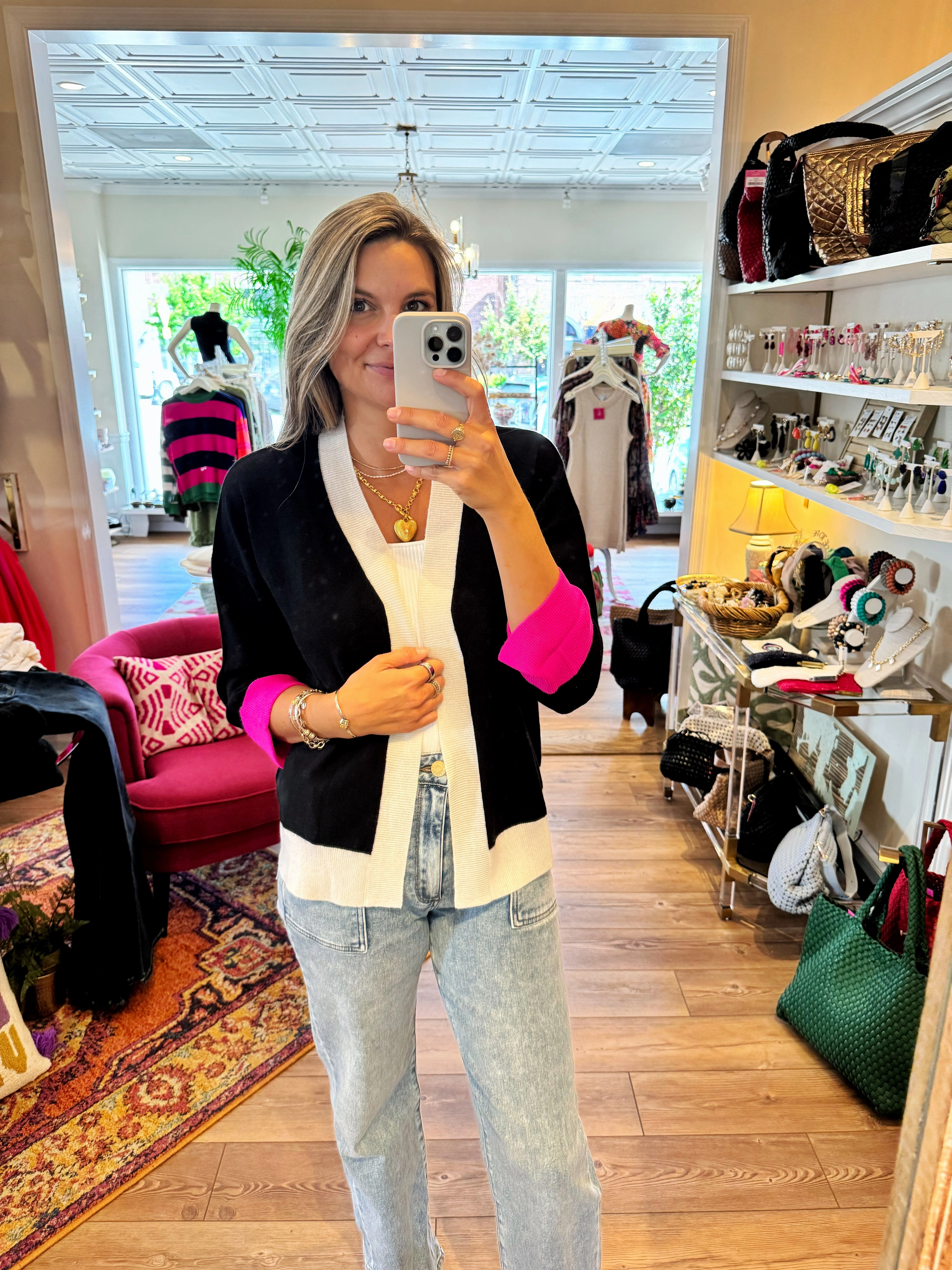 VersatileNeckline Merino Wool Cardi Black Ecru