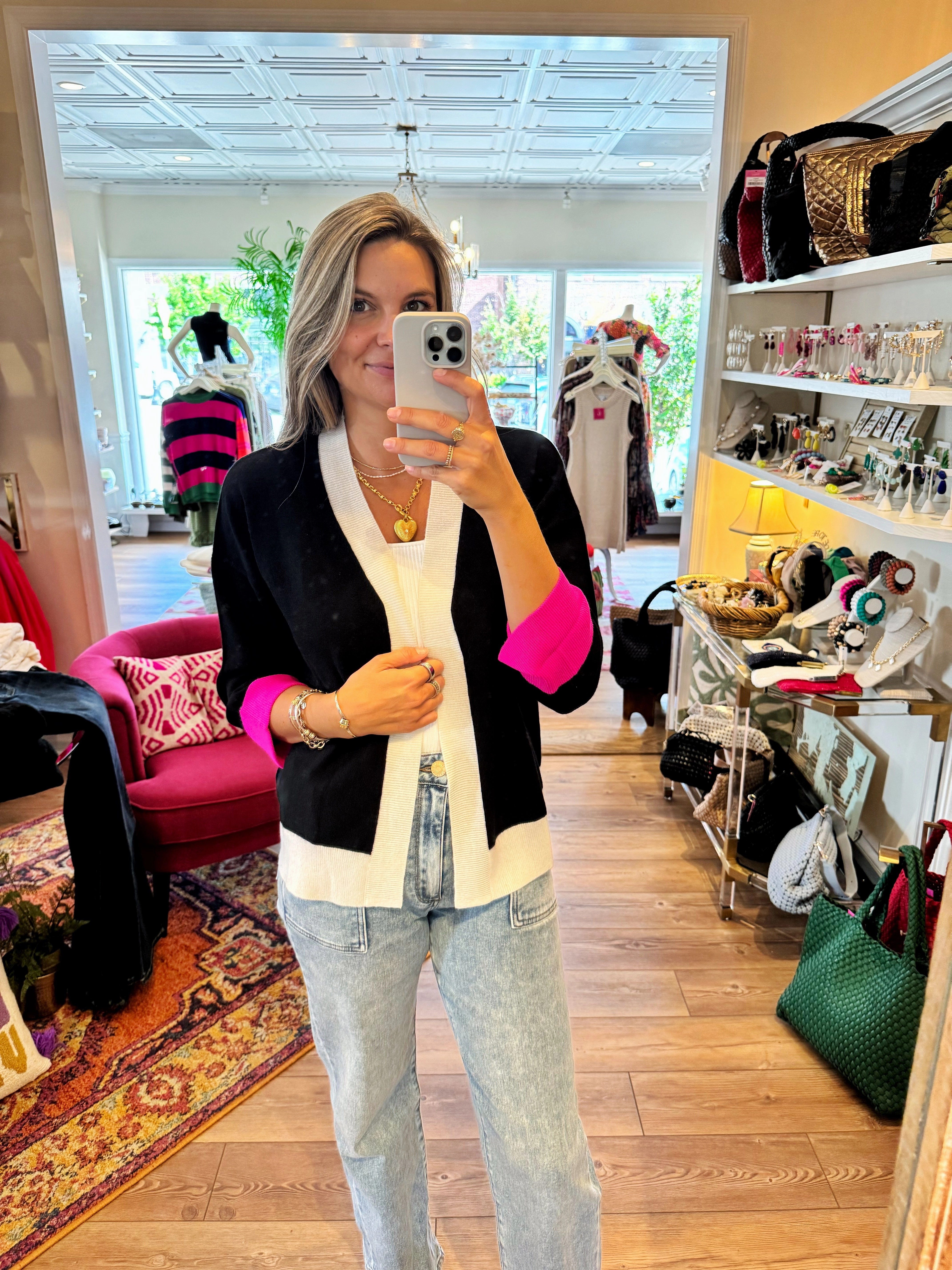 Versatile Layering Merino Wool Cardi Black Ecru