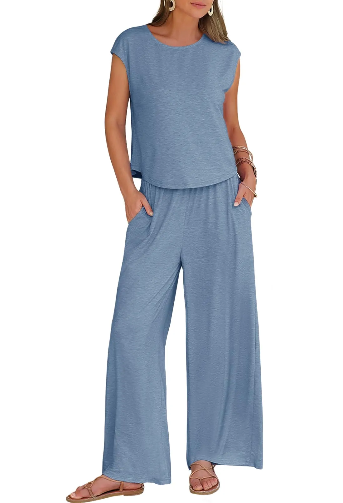 MEROKEETY 2024 Women's Two-Piece Cap Sleeve Lounge Set Waist Pants