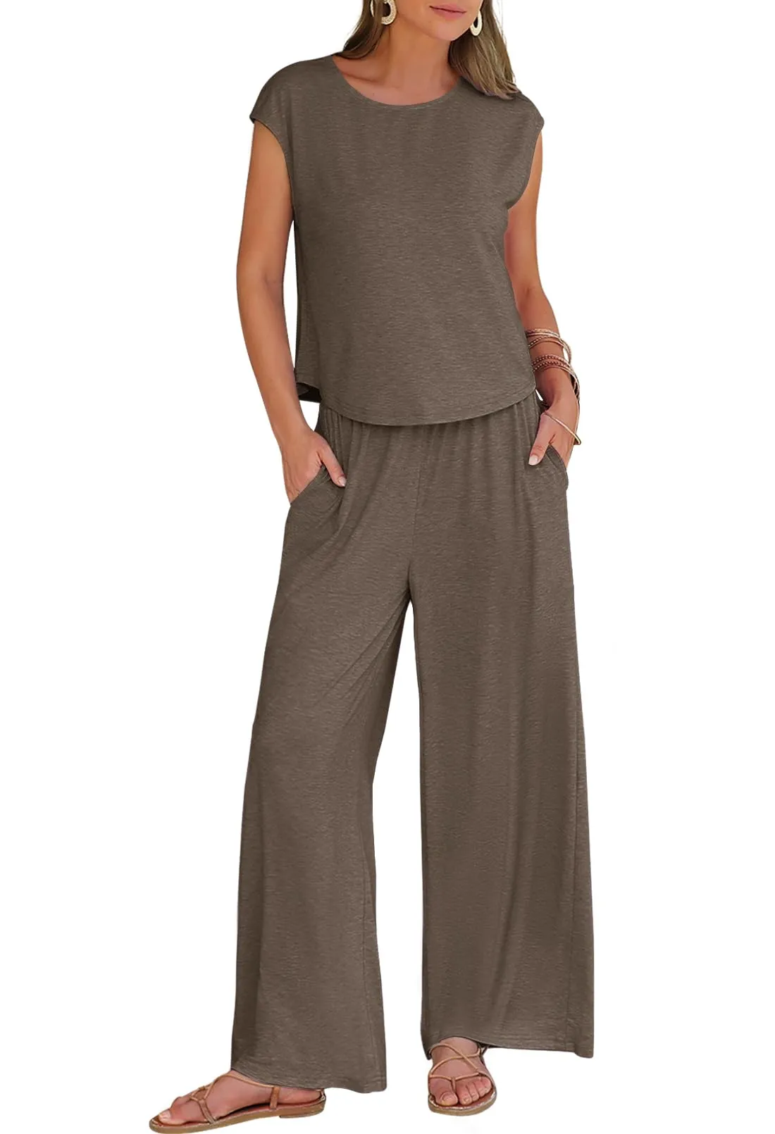 MEROKEETY 2024 Women's Two-Piece Cap Sleeve Lounge Set Waist Pants