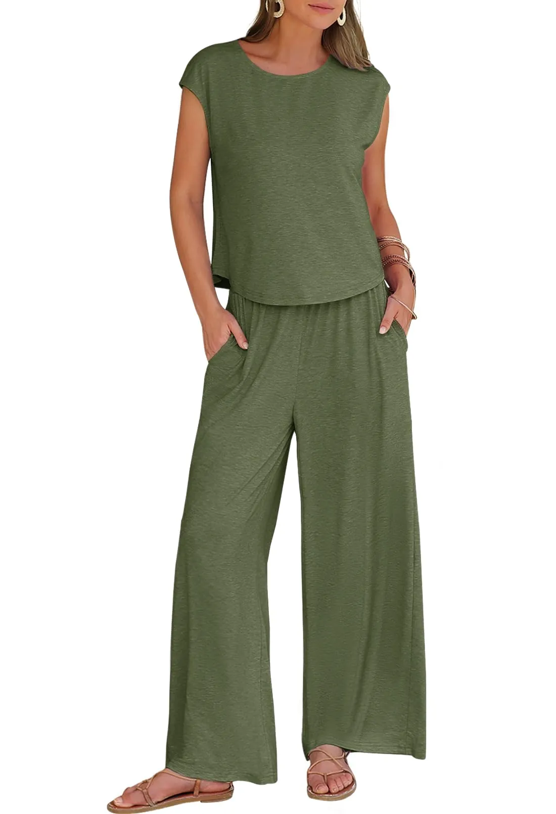 MEROKEETY 2024 Women's Two-Piece Cap Sleeve Lounge Set Waist Pants