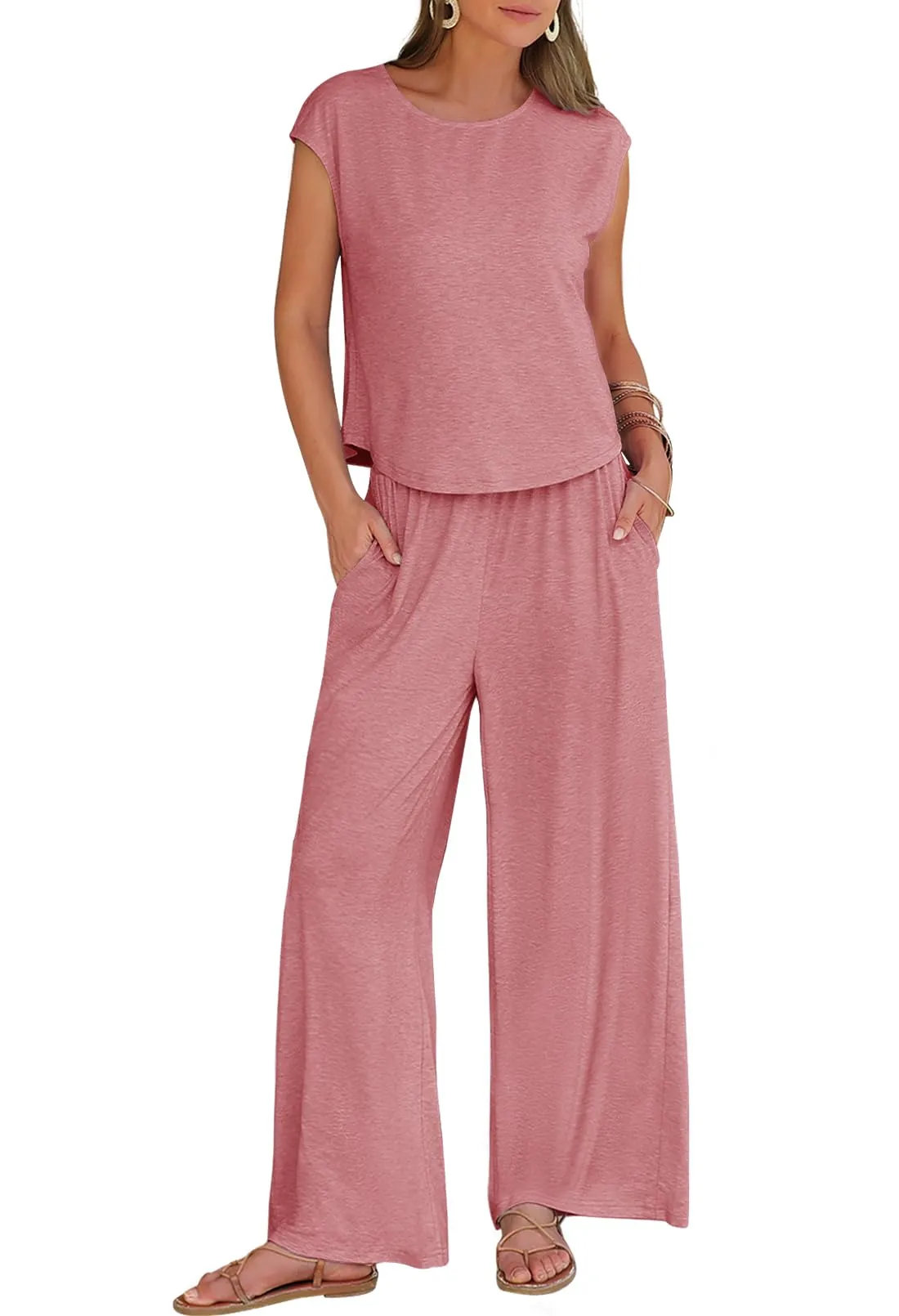 MEROKEETY 2024 Women's Two-Piece Cap Sleeve Lounge Set Waist Pants