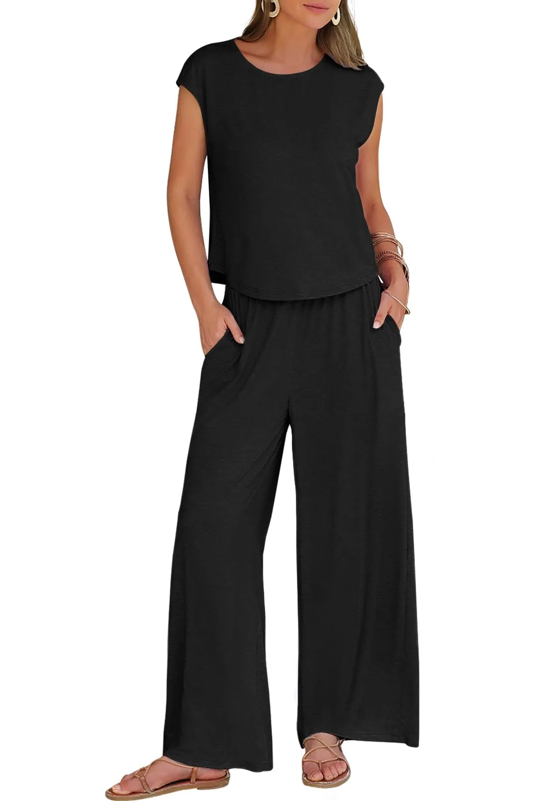 MEROKEETY 2024 Women's Two-Piece Cap Sleeve Lounge Set Waist Pants