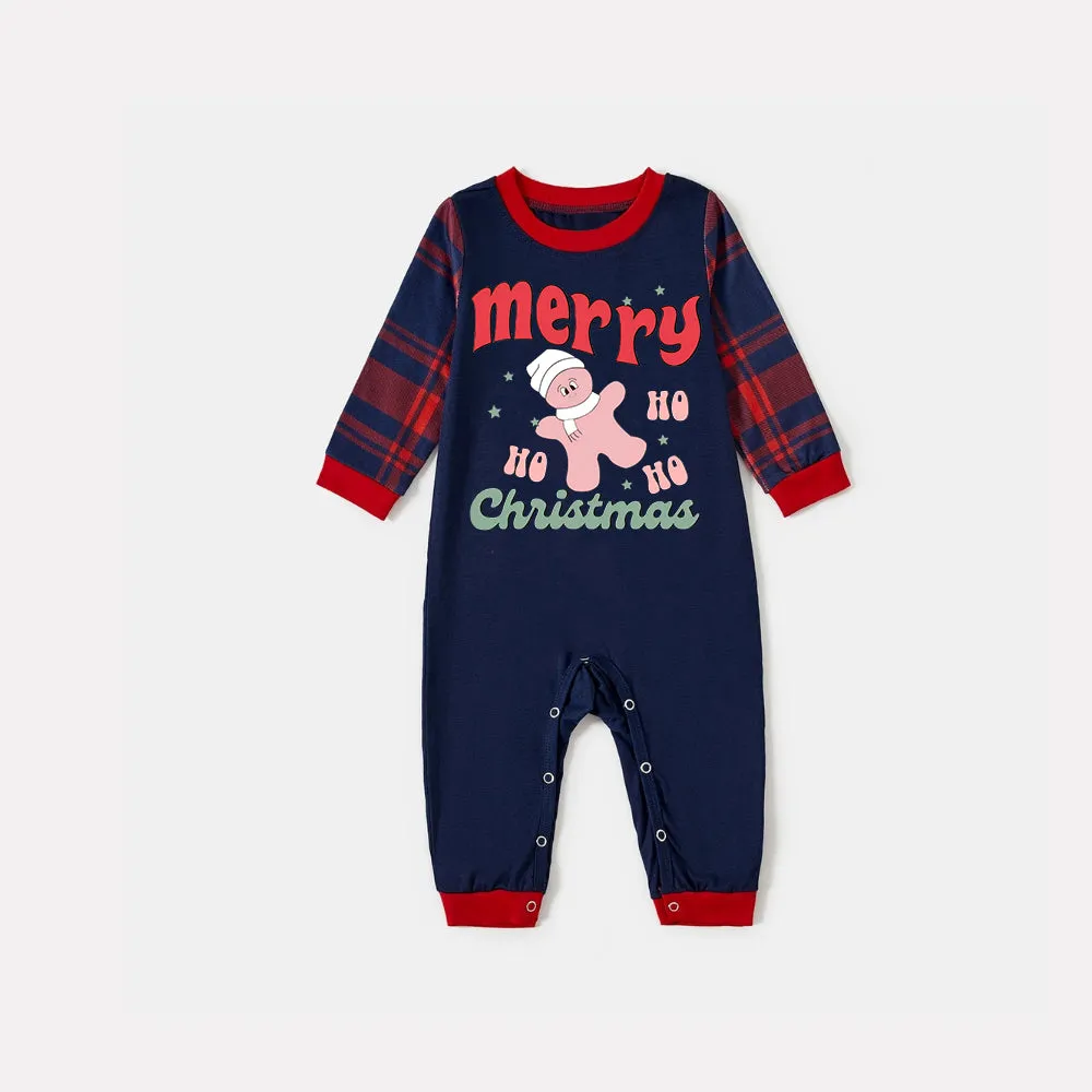 Merry Christmas Cute Cartoon Prints 2024 Blue Long Sleeve Top with Blue & Red Plaid Family Matching Pajamas