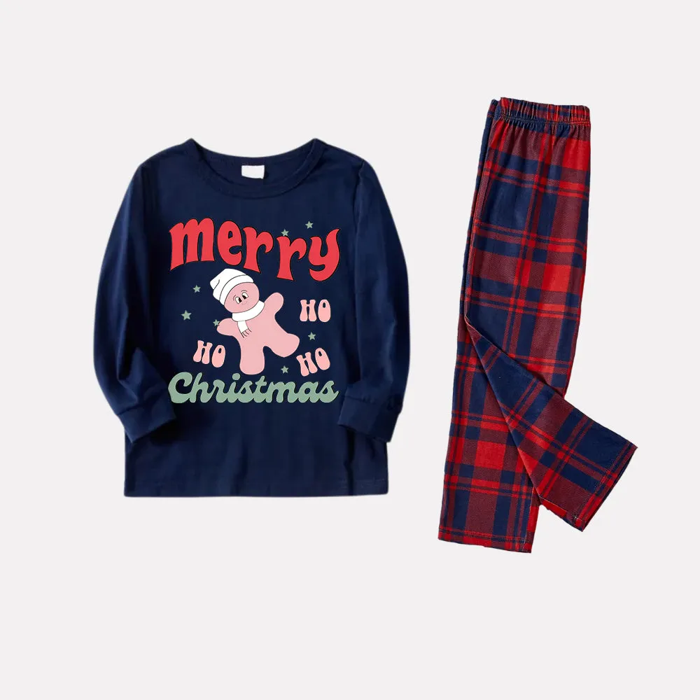 Merry Christmas Cute Cartoon Prints 2024 Blue Long Sleeve Top with Blue & Red Plaid Family Matching Pajamas
