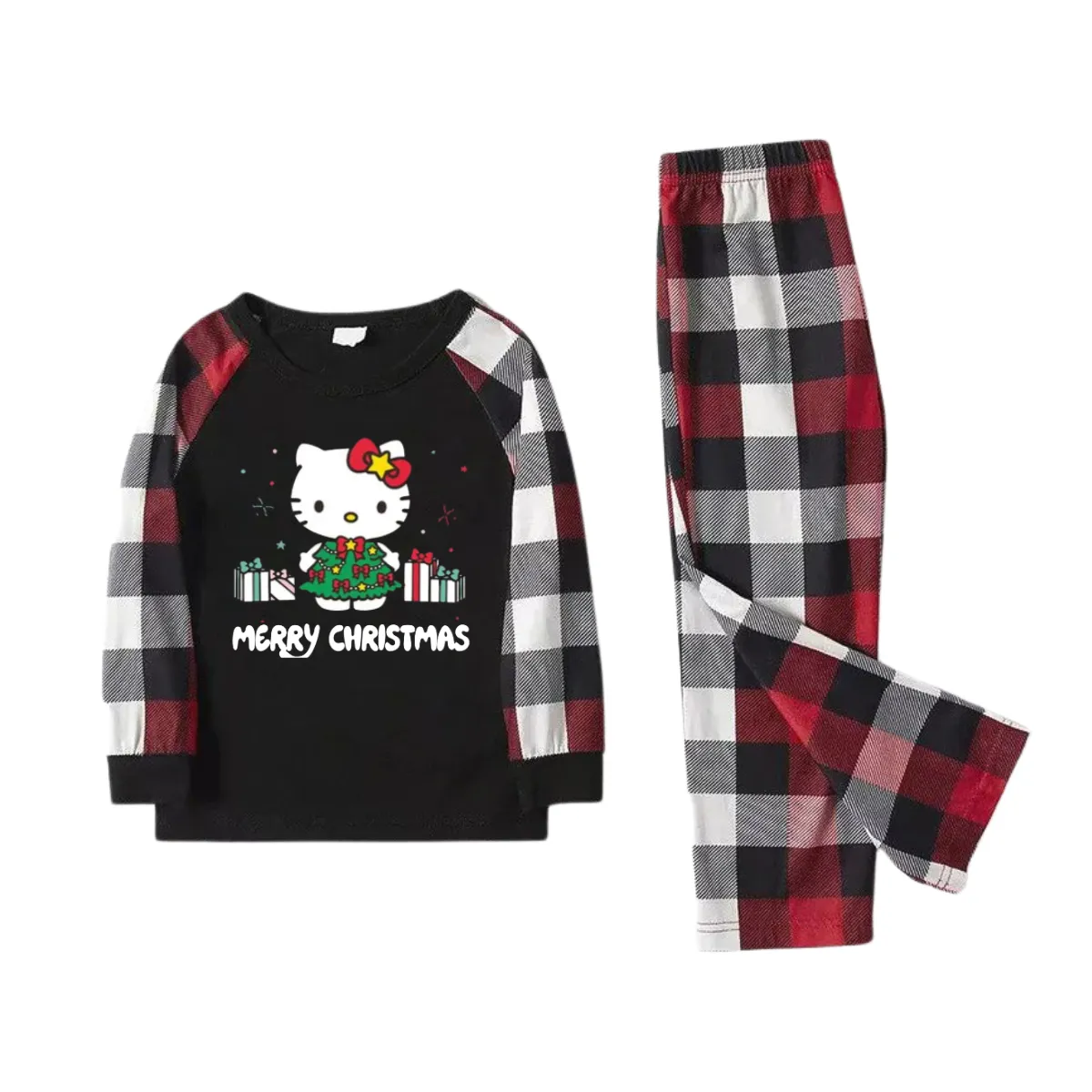 Merry Christmas Letter & Hello Kitty Pattern Black and Red Plaid Family Pajama Set
