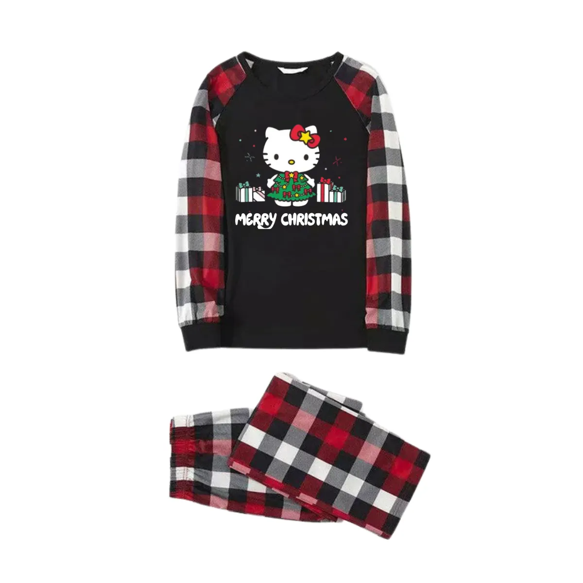 Merry Christmas Letter & Hello Kitty Pattern Black and Red Plaid Family Pajama Set