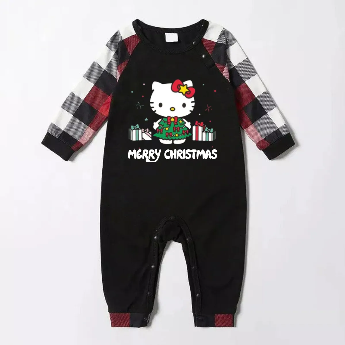 Merry Christmas Letter & Hello Kitty Pattern Black and Red Plaid Family Pajama Set