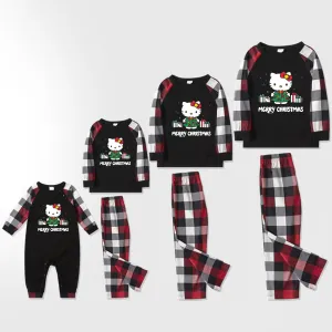 Merry Christmas Letter & Hello Kitty Pattern Black and Red Plaid Family Pajama Set