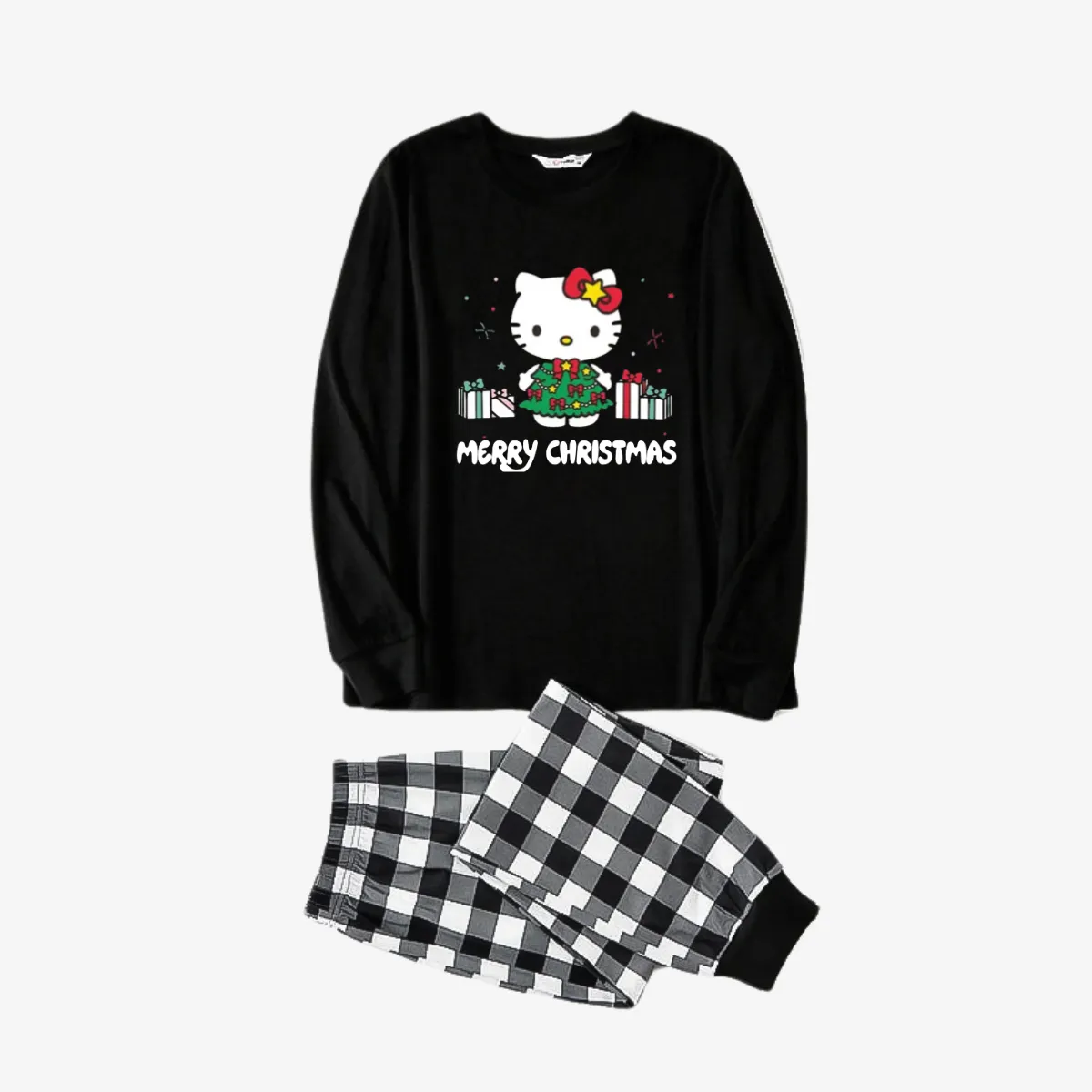 Merry Christmas Letter & Hello Kitty Pattern Black&White Plaid Family Pajama Sets
