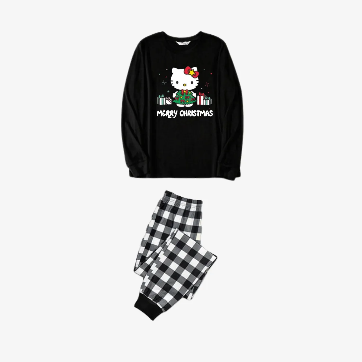 Merry Christmas Letter & Hello Kitty Pattern Black&White Plaid Family Pajama Sets