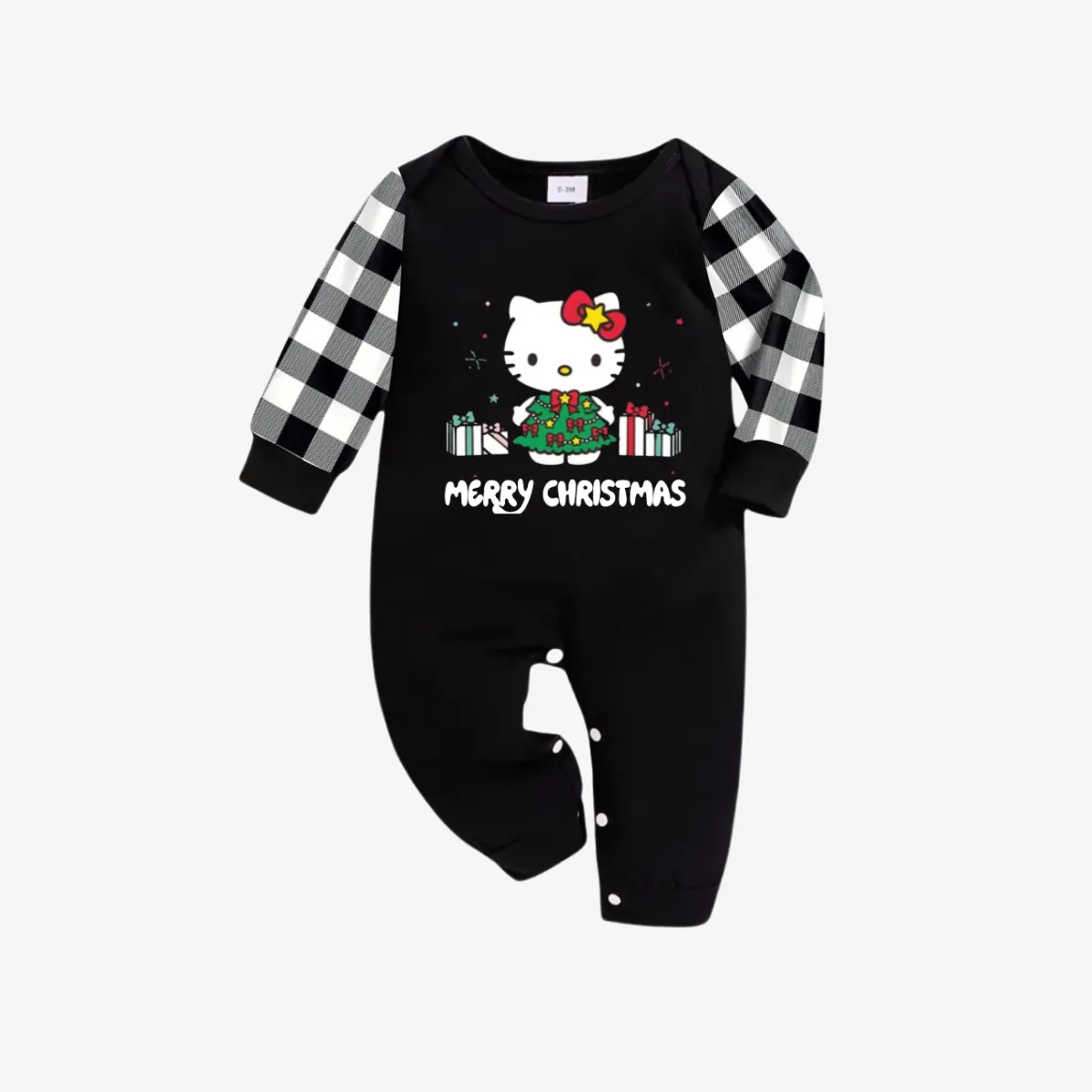 Merry Christmas Letter & Hello Kitty Pattern Black&White Plaid Family Pajama Sets