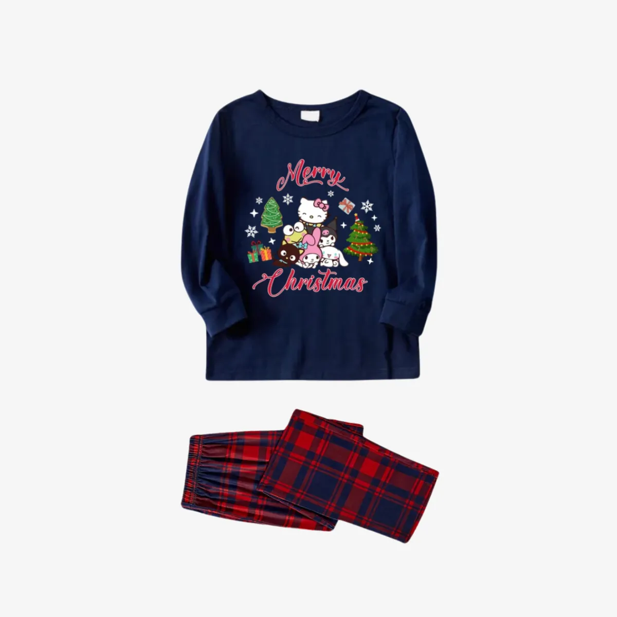 Merry Christmas Red Letter And Sanrio Cartoon Pattern Blue&Red Plaid Family Pajama Sets