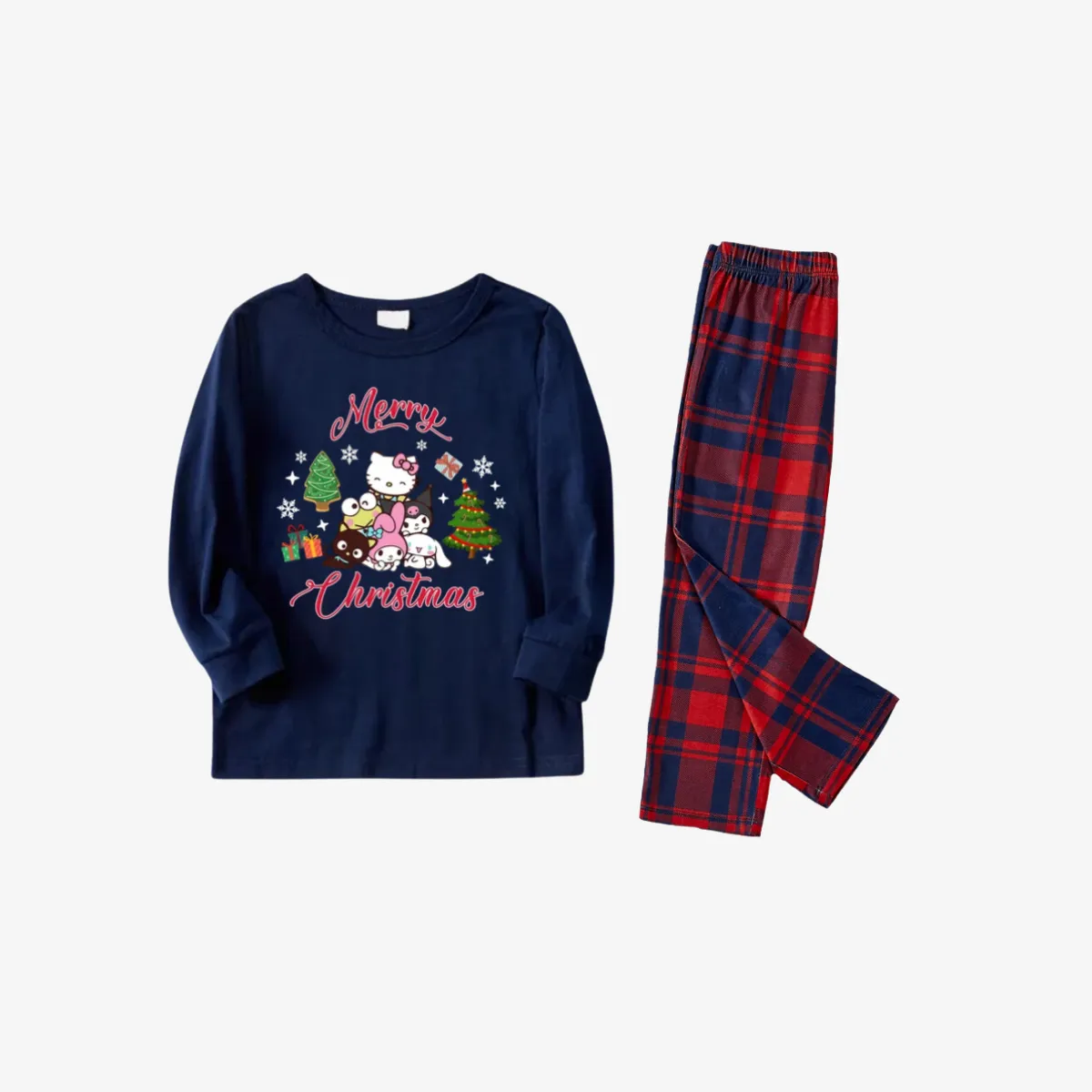 Merry Christmas Red Letter And Sanrio Cartoon Pattern Blue&Red Plaid Family Pajama Sets