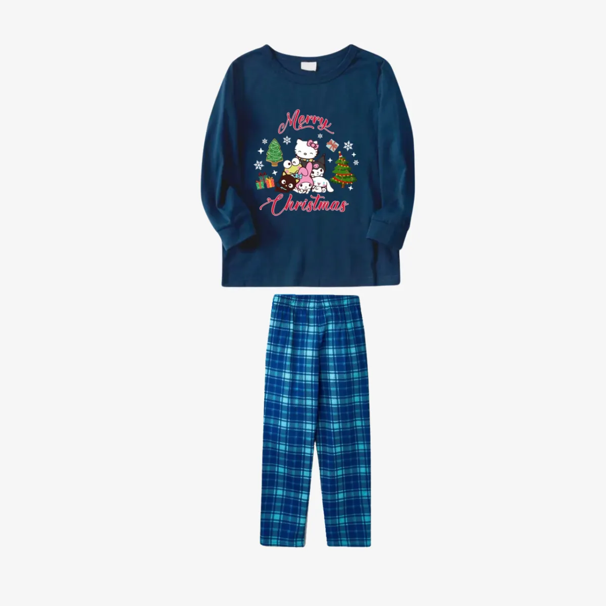 Merry Christmas Red Letter And Sanrio Cartoon Pattern Sky Blue Plaid Family Pajama Sets
