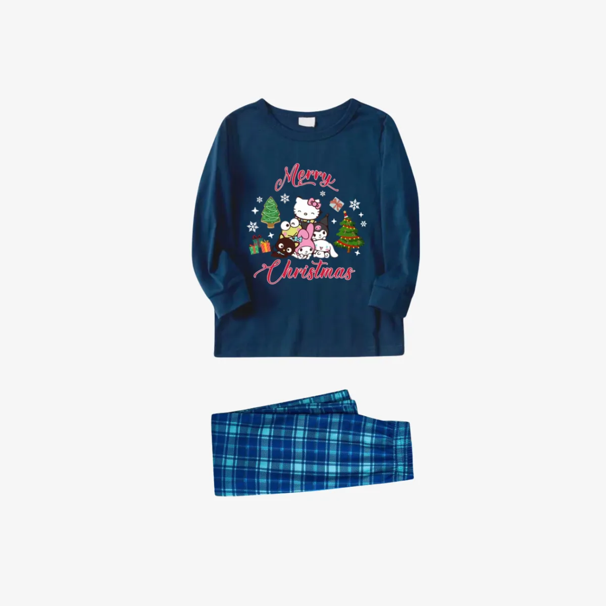 Merry Christmas Red Letter And Sanrio Cartoon Pattern Sky Blue Plaid Family Pajama Sets